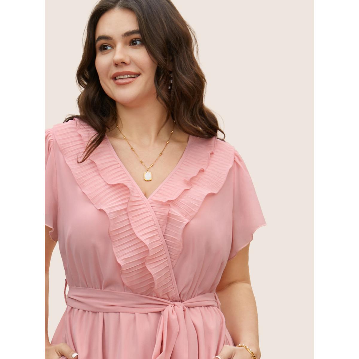 Plus Size Solid Wrap Textured Ruffle Trim Belted Dress Crepe Women Elegant Pleated V-neck Short sleeve Curvy BloomChic 22-24/3X Product Image