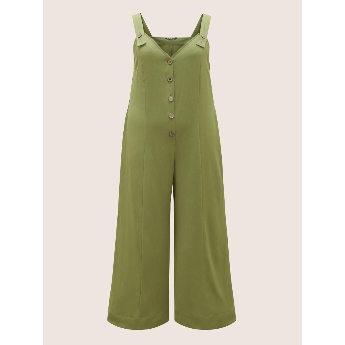 Plus Size ArmyGreen Solid Texture Button Up Crinkled Jumpsuit Women Casual Sleeveless V-neck Everyday Loose Jumpsuits BloomChic 12/L Product Image