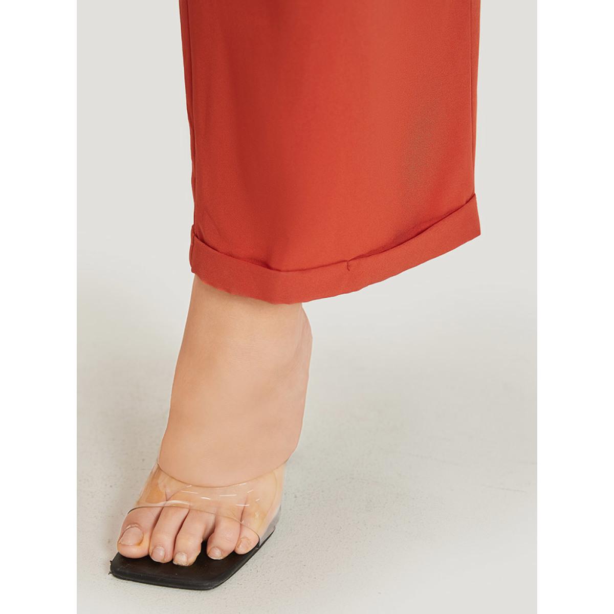 Plus Size OrangeRed Plain Button Up Pocket Roll Hem Drawstring Jumpsuit Women Elegant Sleeveless Spaghetti Strap Dailywear Loose Jumpsuits BloomChic 18-20/2X Product Image