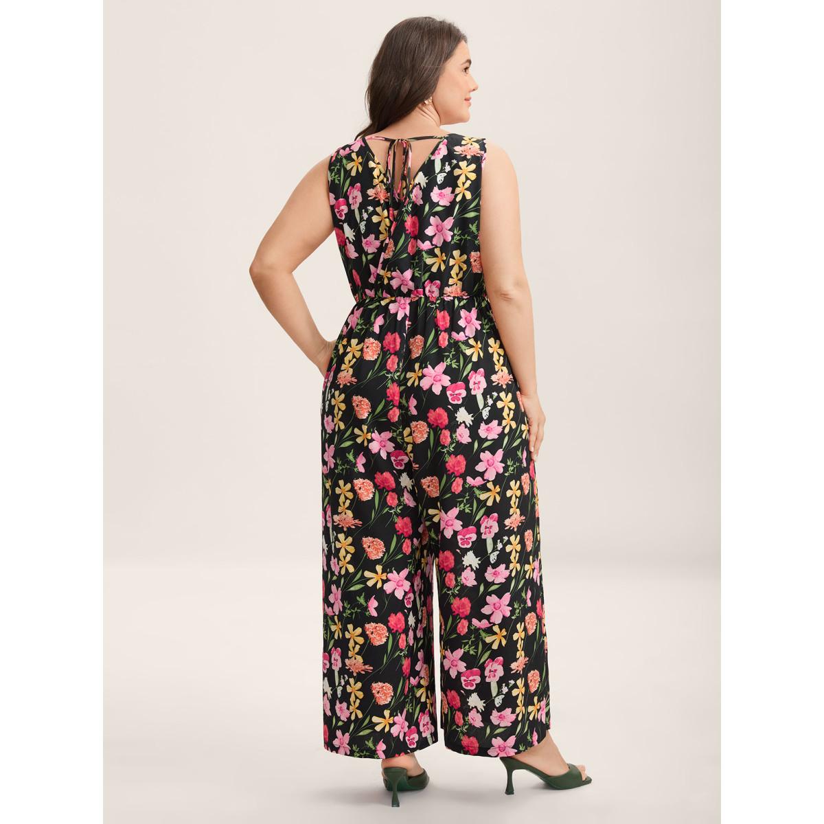 Plus Size Black Floral Print Pockets Straight-Leg Jumpsuit Women Sleeveless Square Neck Everyday-Elegant Loose Jumpsuits BloomChic 14-16/1X Product Image