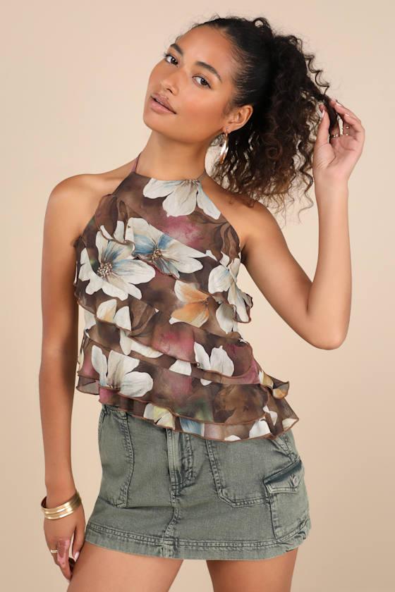 Maylee Brown Multi Floral Ruffled Halter Top Product Image