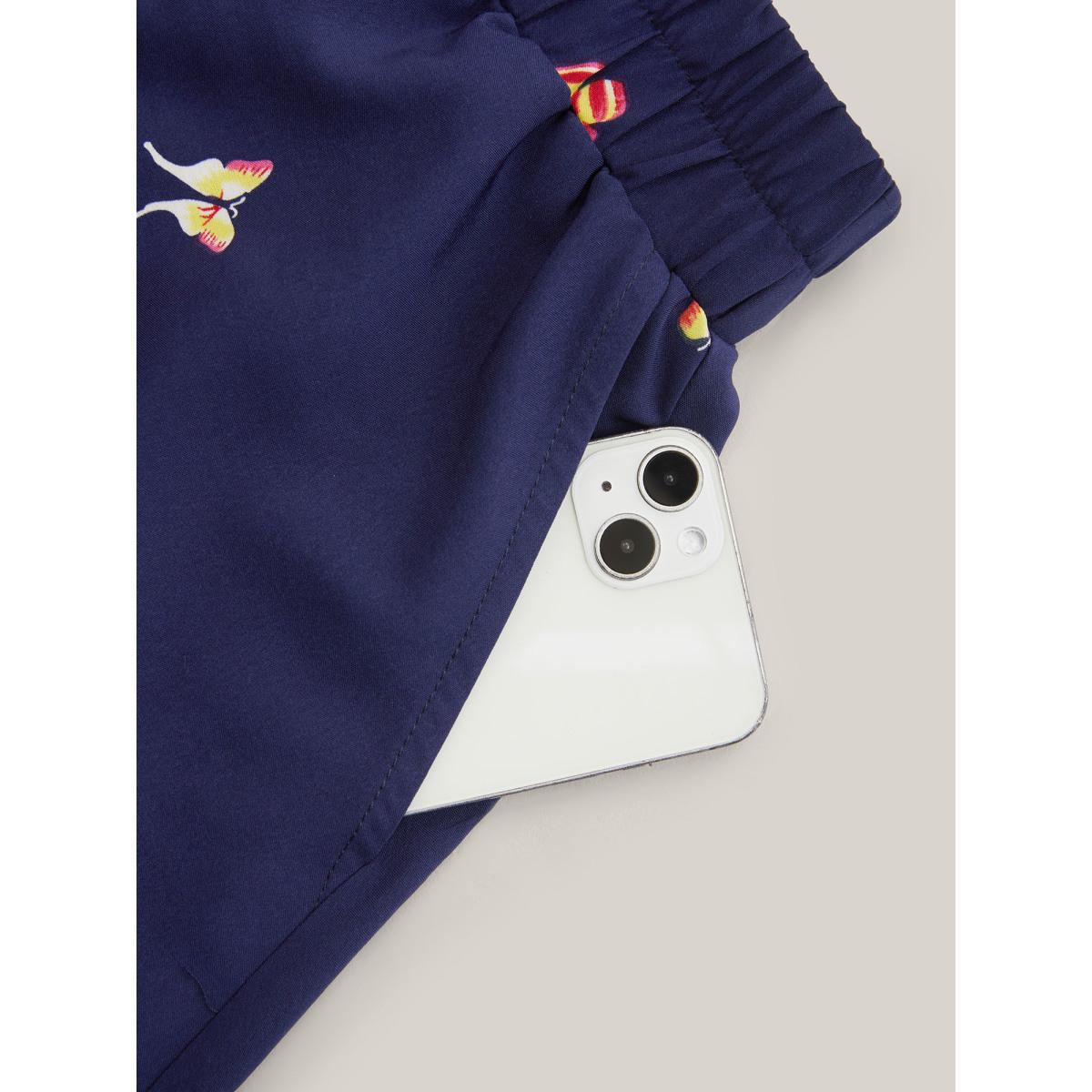 Plus Size Garden Print Pleated Midi Skirt Women DarkBlue Elegant Bodycon Low stretch Slanted pocket Everyday Skirts BloomChic 28/5X Product Image