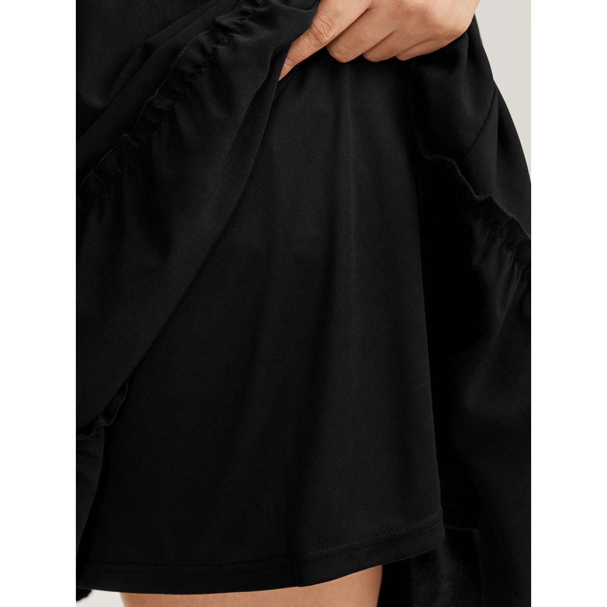 Plus Size Tiered Waist-Tie A-Line Midi Skirt Women Black No stretch Side seam pocket Everyday-Casual Skirts BloomChic 14-16/1X Product Image