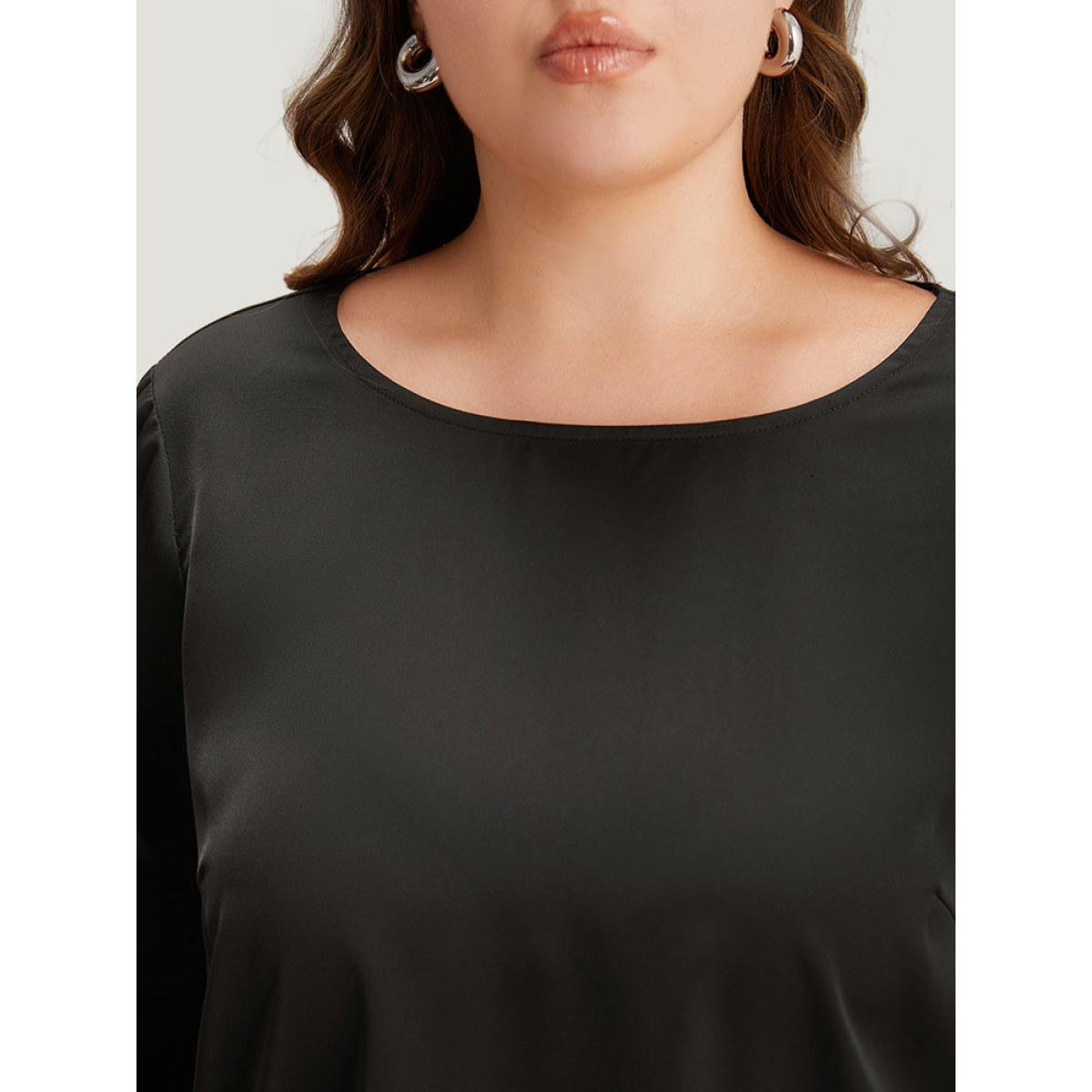 Plus Size Black Plain Wrap Flutter Sleeve Crew Neck Blouse Women Office Elbow-length sleeve Round Neck Work Blouses BloomChic 12/L Product Image
