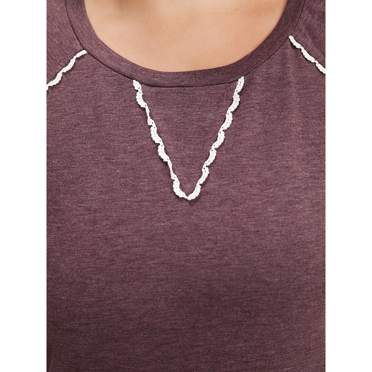 Plus Size Plain Heather Guipure Lace Raglan Sleeve Pocket Sweatshirt Women Eggplant Casual Heather Round Neck Dailywear Sweatshirts BloomChic 30/6X Product Image