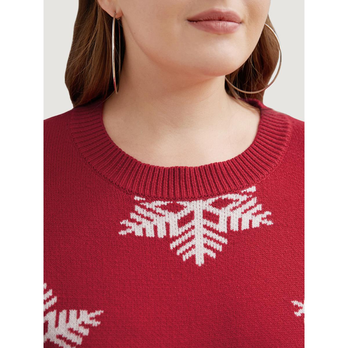 Plus Size Snowflake Super Soft Plush Knit Lantern Sleeve Jacquard Knit Top Red Women Casual Loose Long Sleeve Dailywear Pullovers BloomChic 28/5X Product Image