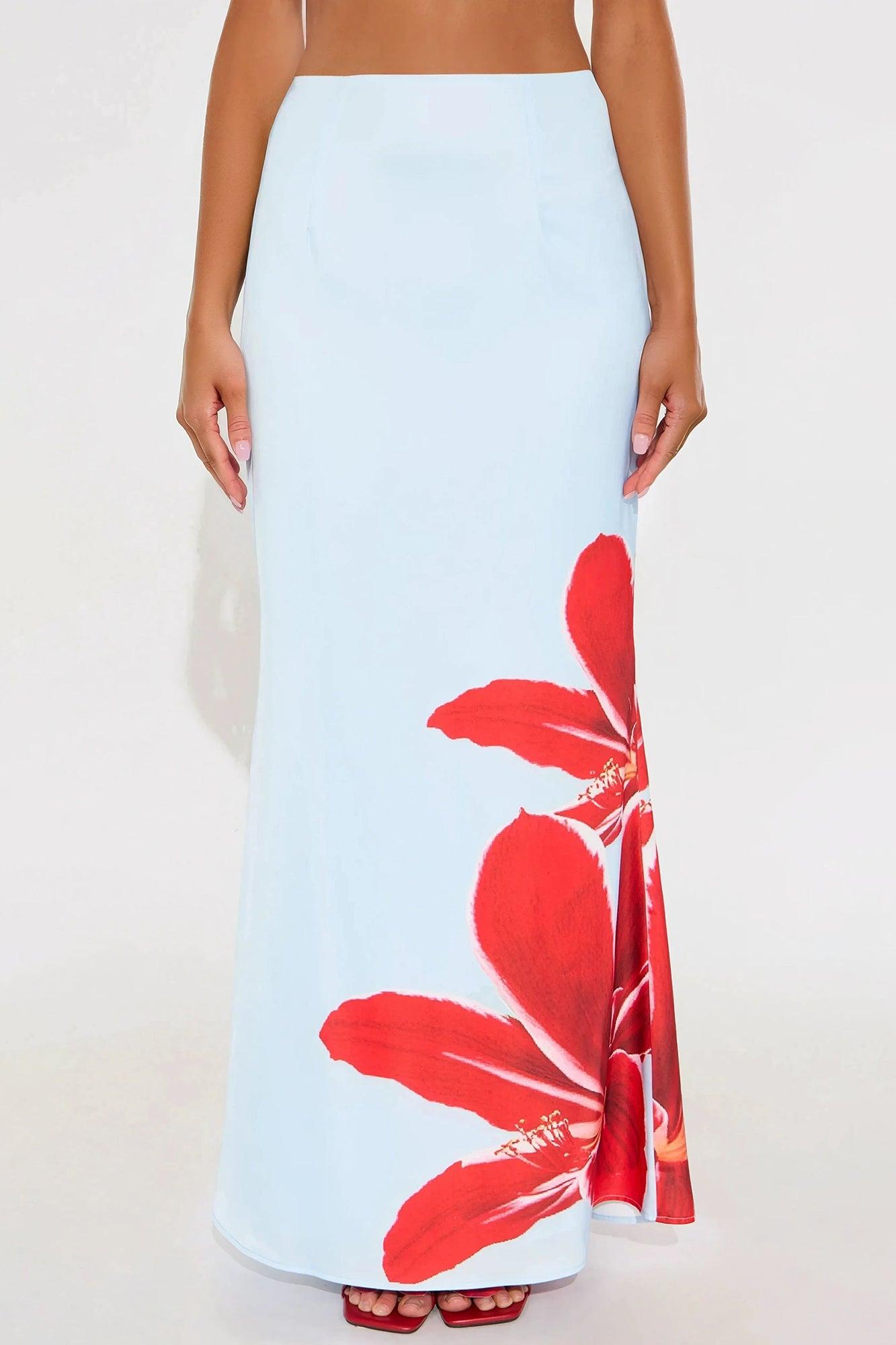Talia Satin Floral Maxi Skirt - Blue/combo Product Image