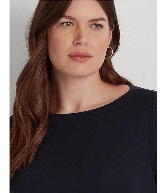 Lauren Ralph Lauren Plus Size Stretch Cotton Boat Neck Short Folded Elbow Sleeve Top Product Image