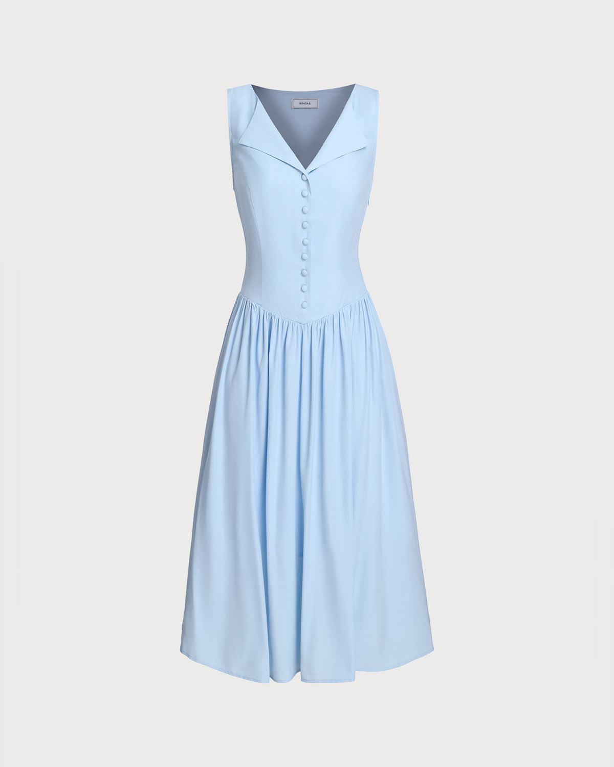 Blue V Neck Button Sleeveless Midi Dress Product Image