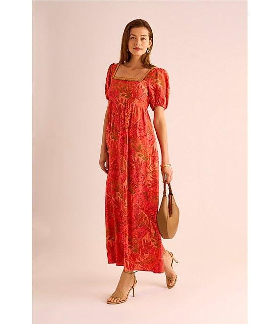 Vince Camuto Woven Floral Print Square Neck Short Puff Sleeve Maxi Dress Product Image