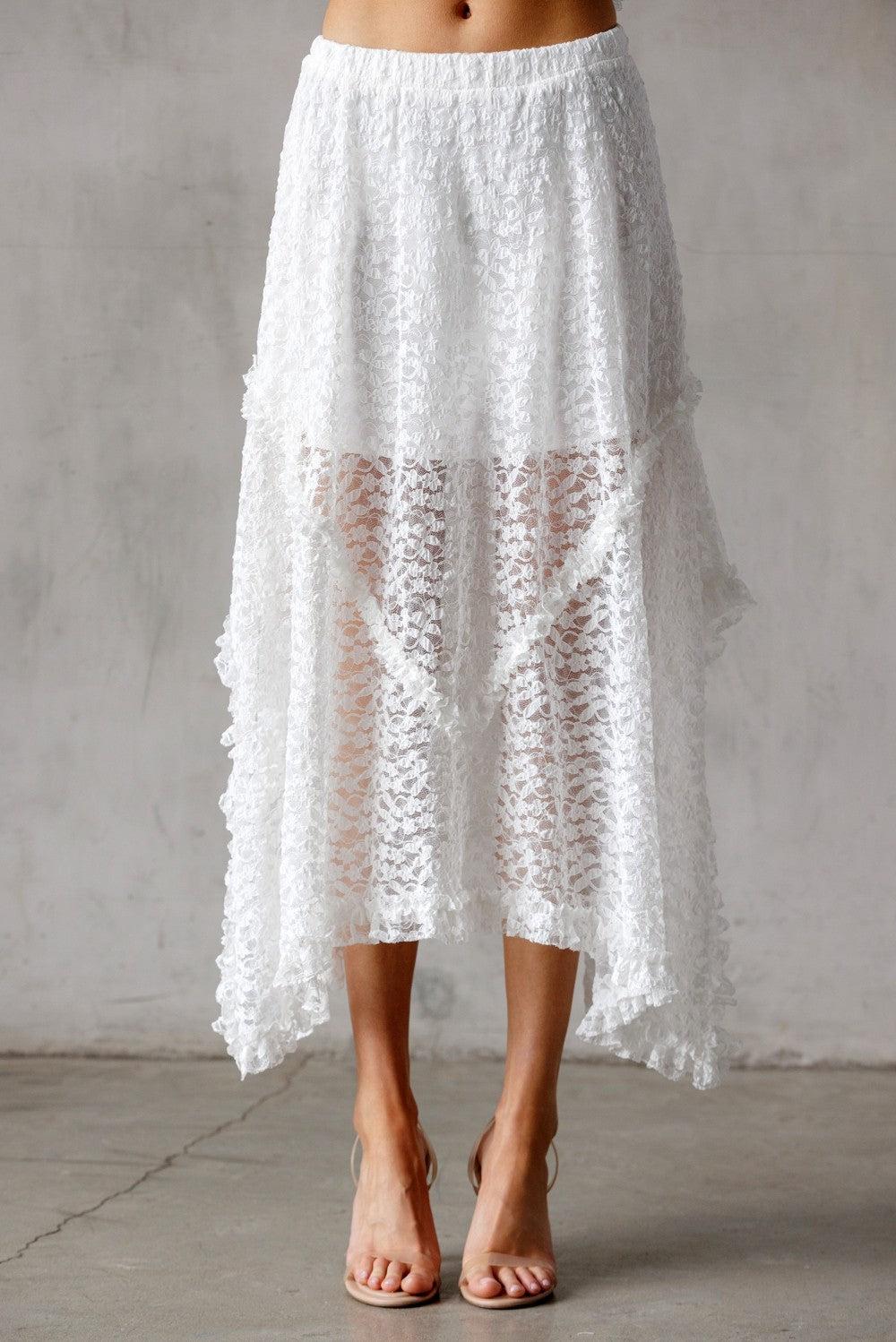 Grace Lace Asymetrical Midi Skirt | White Product Image