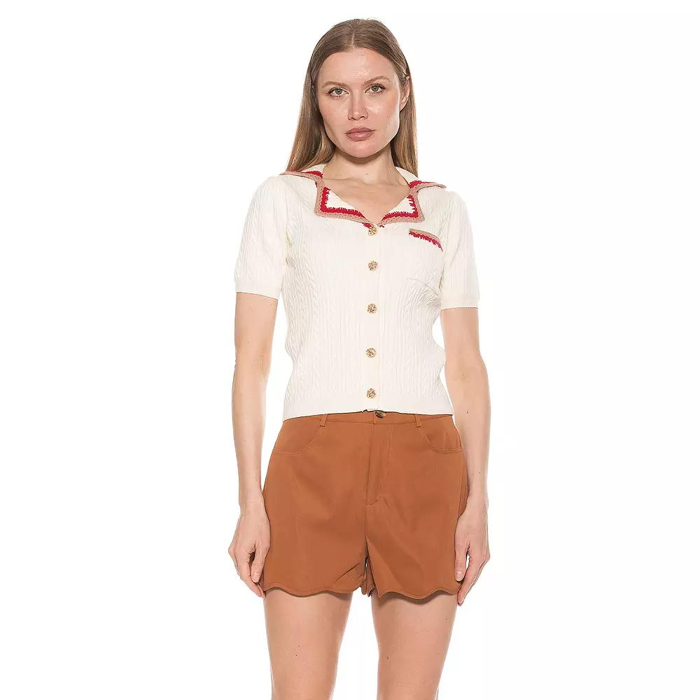 Women's ALEXIA ADMOR Kith Knit Short Sleeve Button Down Collared Top,  Product Image