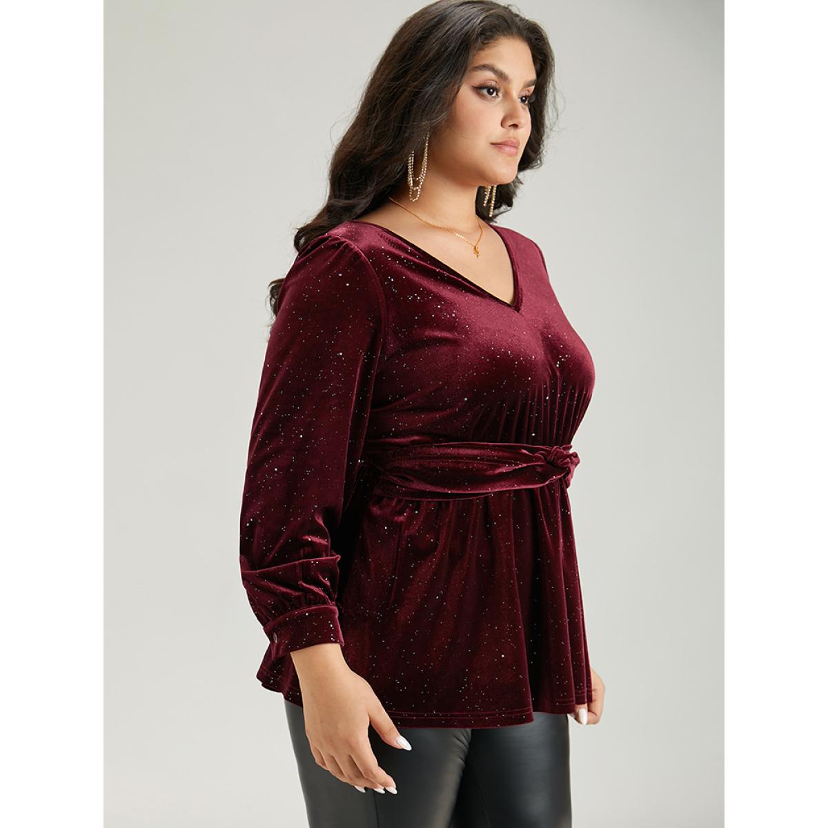 Plus Size Scarlet Glitter Sequin Velvet Twist Front V Neck Blouse Women Cocktail Long Sleeve V-neck Party Blouses BloomChic 14-16/1X Product Image
