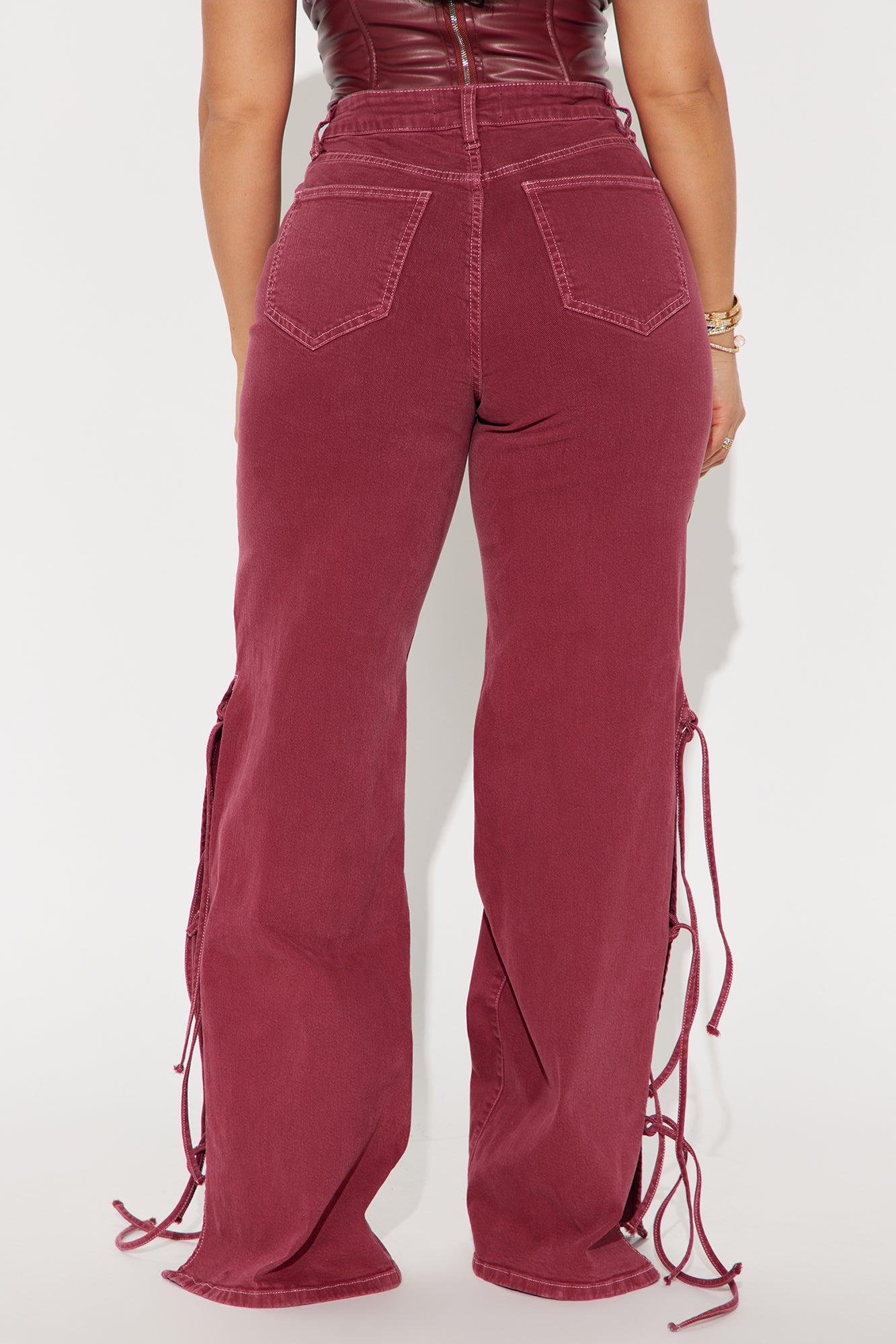 Fine Like Wine Side Tie Wide Leg Jeans - Burgundy Product Image