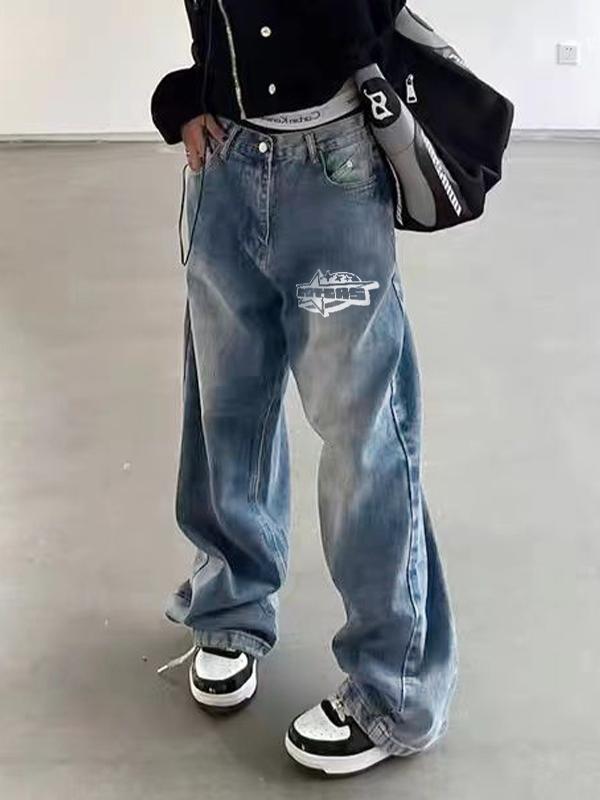 Washed Print Mopping Boyfriend Jeans Product Image