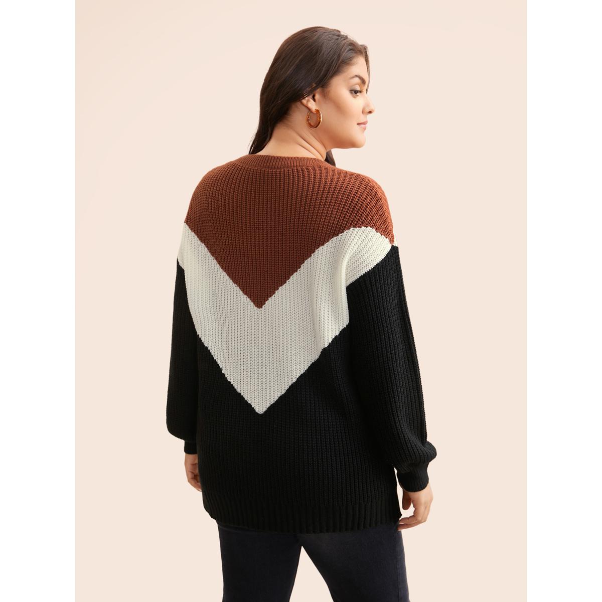 Plus Size Colorblock Contrast Lantern Sleeve Pullover Yellowishbrown Women Casual Loose Long Sleeve Round Neck Everyday Pullovers BloomChic 28/5X Product Image