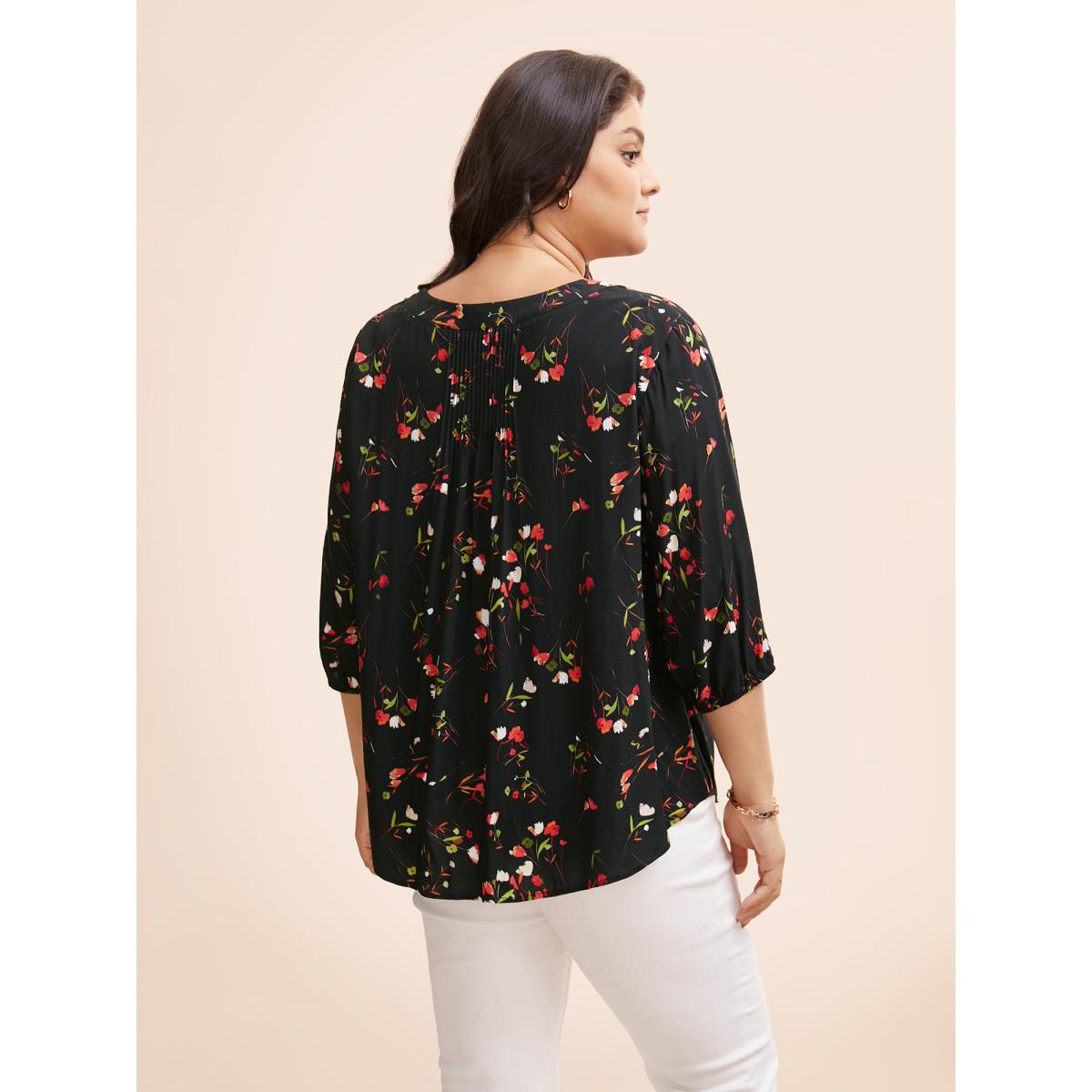 Plus Size Black Floral Notched Pleated Lantern Sleeve Blouse Women Elegant Elbow-length sleeve Flat collar with V-notch Everyday Blouses BloomChic 12/L Product Image