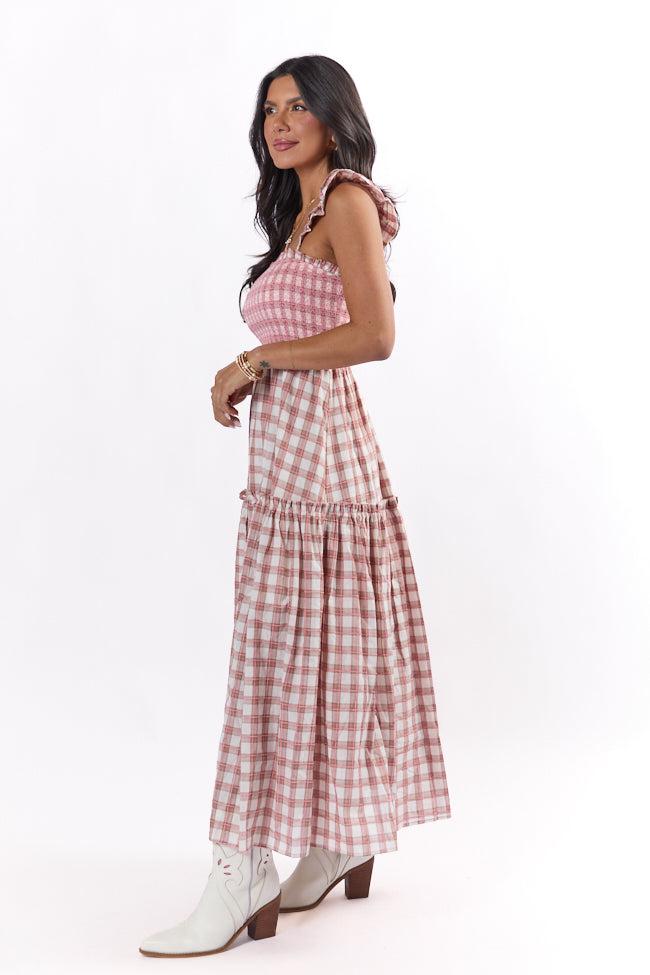 Checked Treasures Pink and Brown Plaid Tiered Midi Dress FINAL SALE Product Image