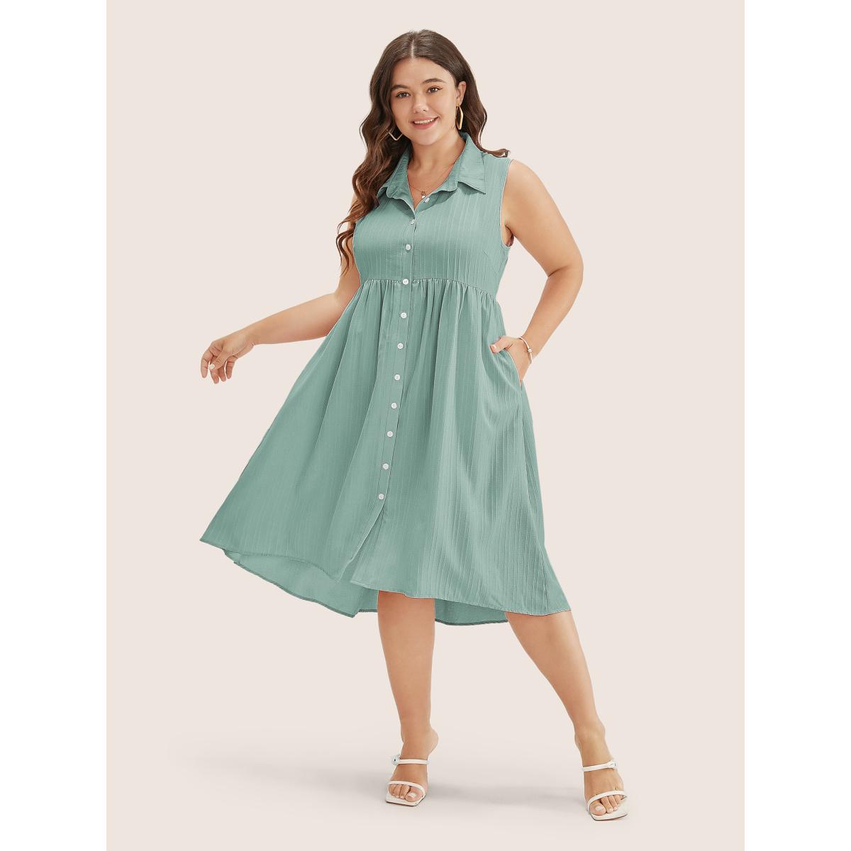 Plus Size Solid Shirt Collar Ruffle Pocket High Low Hem Button Up Dress Mint Women Office Non Polo Sleeveless Curvy Midi Dress BloomChic 14-16/1X Product Image