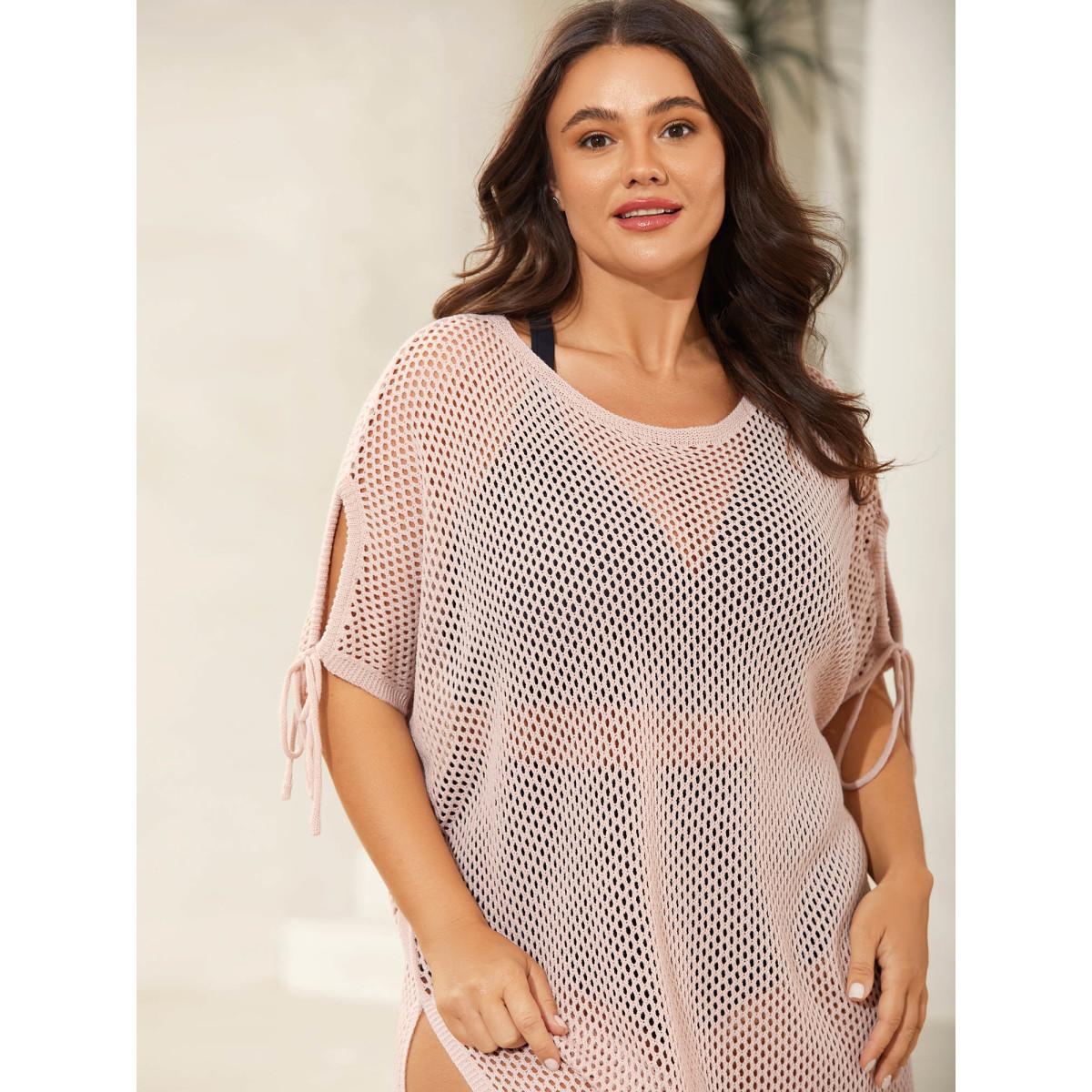 Plus Size Cut-Out Sleeve Tie Swim Cover-Up Women's Swimwear Nudepink Beach Loose Cut-Out Curve Swim Cover Ups BloomChic 22-24/3X Product Image