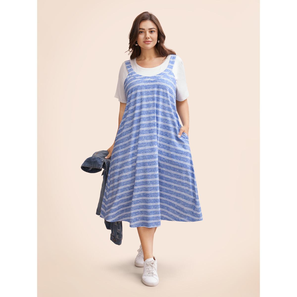 Plus Size U Neck Striped Adjustable Straps Dress Stone Women Casual Non U-neck Sleeveless Curvy BloomChic 12/L Product Image