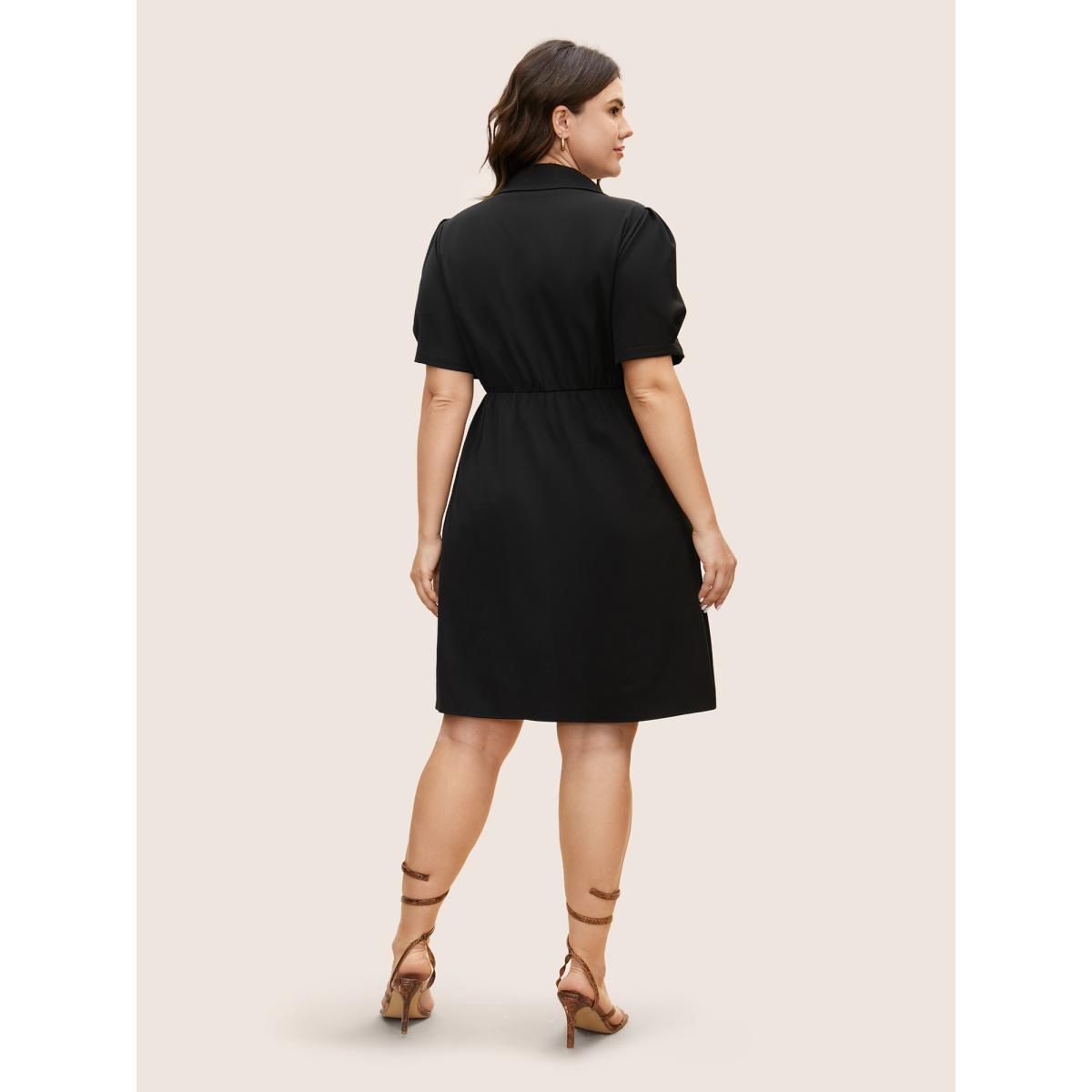 Plus Size Suit Collar Metal Detail Lantern Sleeve Dress Black Women Workwear Essentials Button Suit Collar Sleeveless Curvy BloomChic 30/6X Product Image