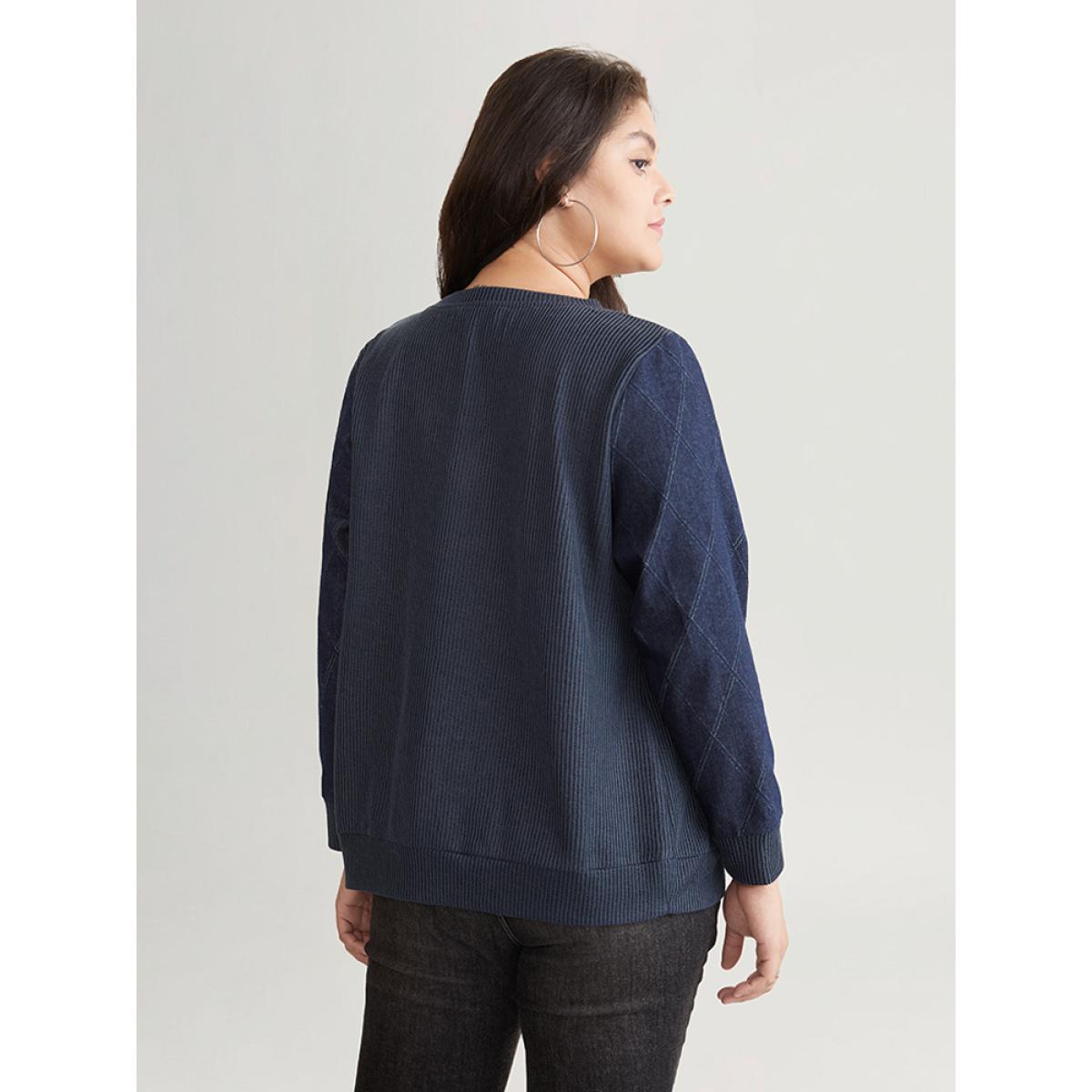 Plus Size Denim Effect Patchwork Waffle Knit Sweatshirt Women Blue Casual Waffle Knit V-neck Dailywear Sweatshirts BloomChic 30/6X Product Image