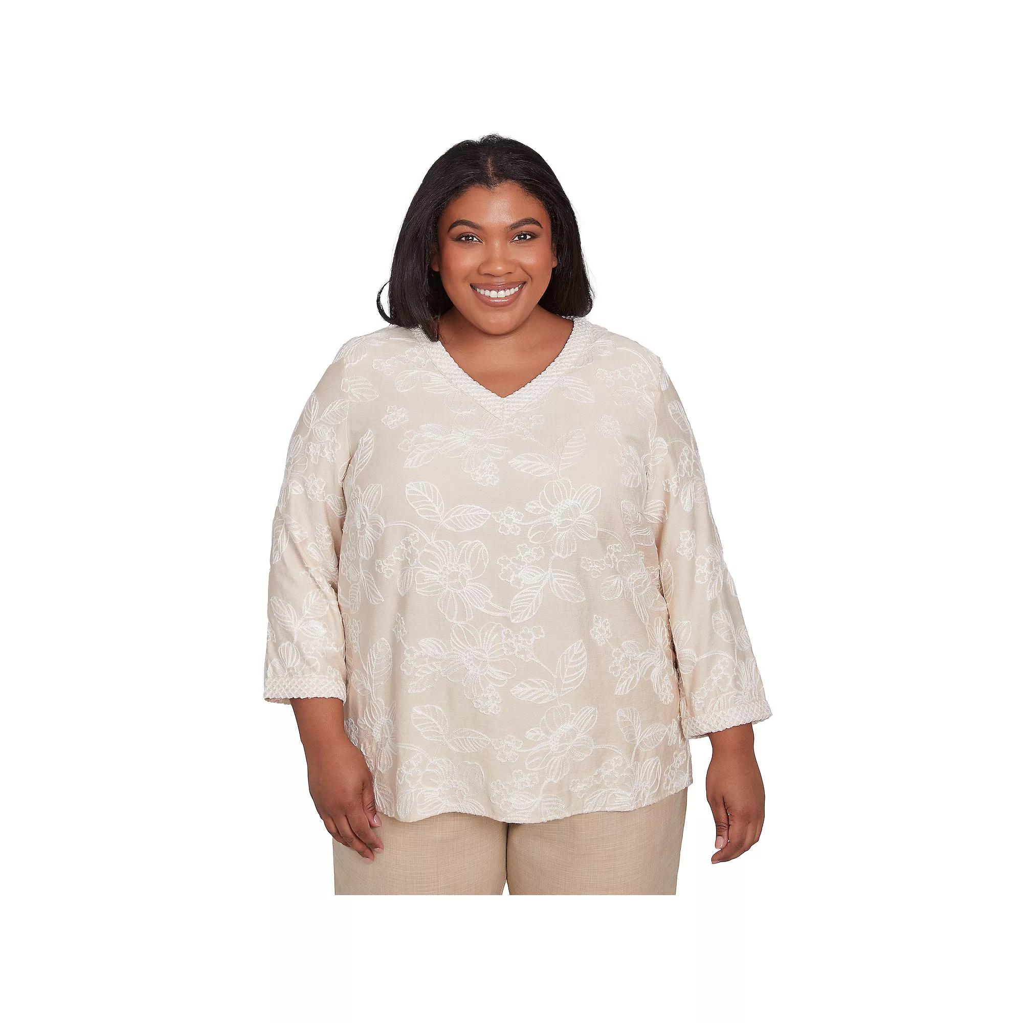 Plus Size Alfred Dunner Tossed Floral Embroidery V-Neck Top, Women's, Size: 3XL, Linen Product Image