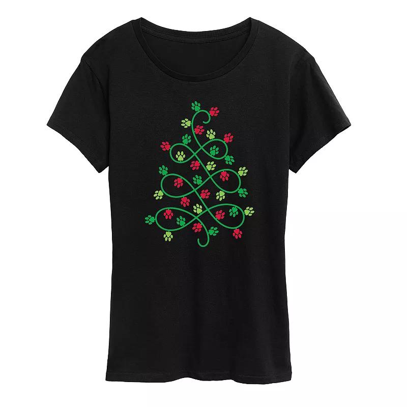 Women's Paw Print Christmas Tree Graphic Tee,  Product Image