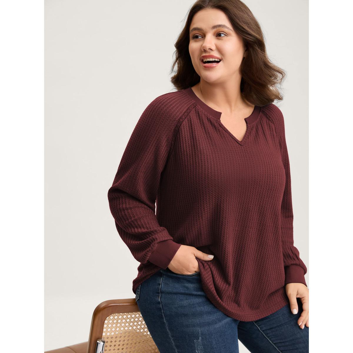 Plus Size Waffle Grid Notched Collar Lace Sweatshirt Women Black Leisure Woven ribbon&lace trim Flat collar with V-notch Casual Sweatshirts BloomChic 12/L Product Image