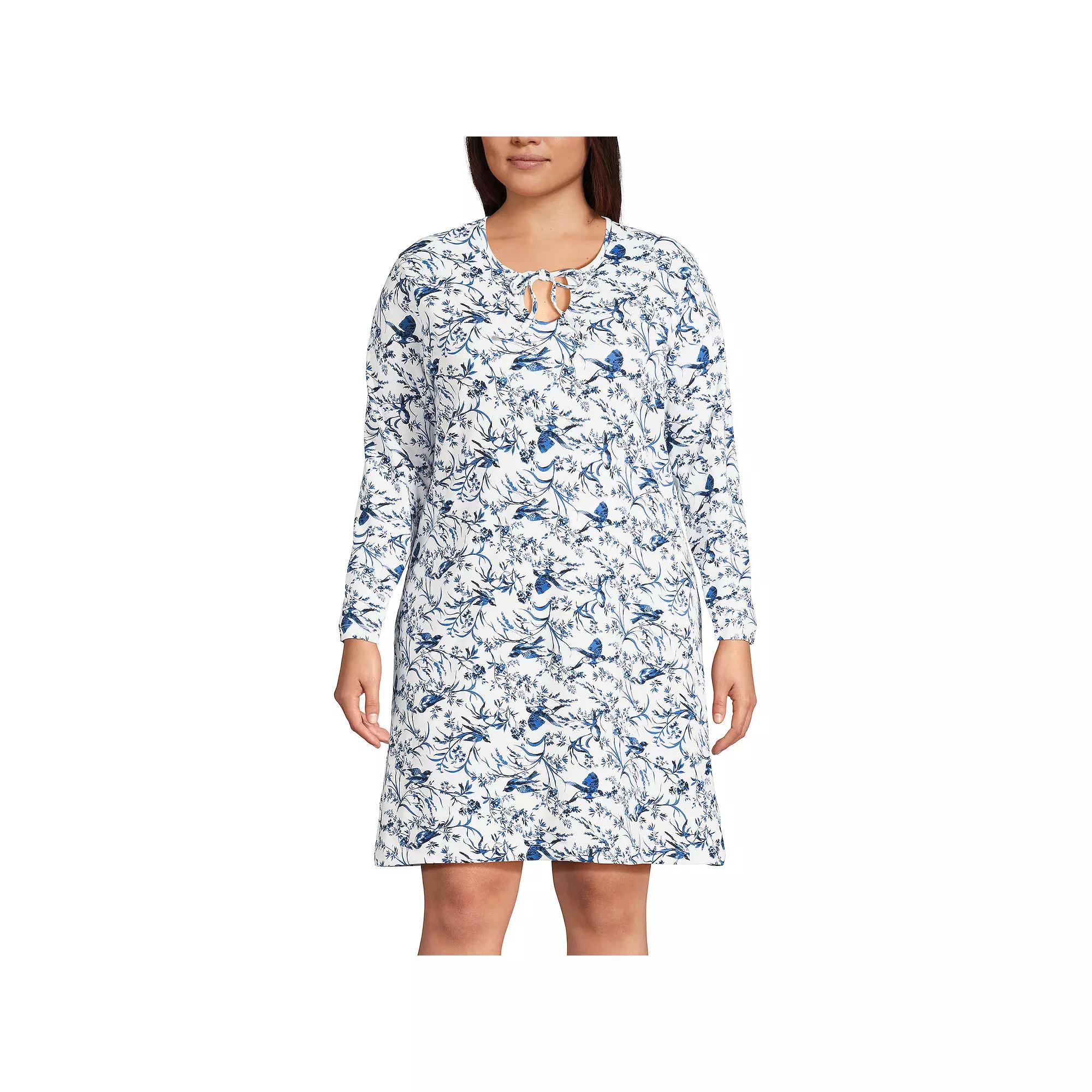 Plus Size Lands' End Cotton Long Sleeve Nightgown, Women's, Size: 3XL, Blue Linework Floral Product Image