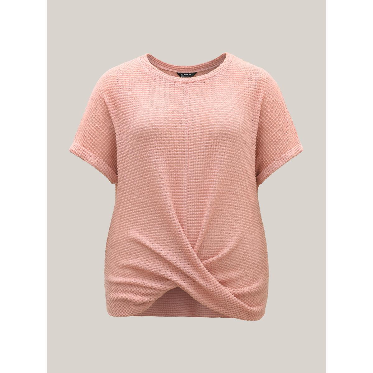 Plus Size Stretchy Hem Twist Textured Plain T-Shirt Nudepink Women Leisure Twist Round Neck Casual T-shirts BloomChic 18-20/2X Product Image