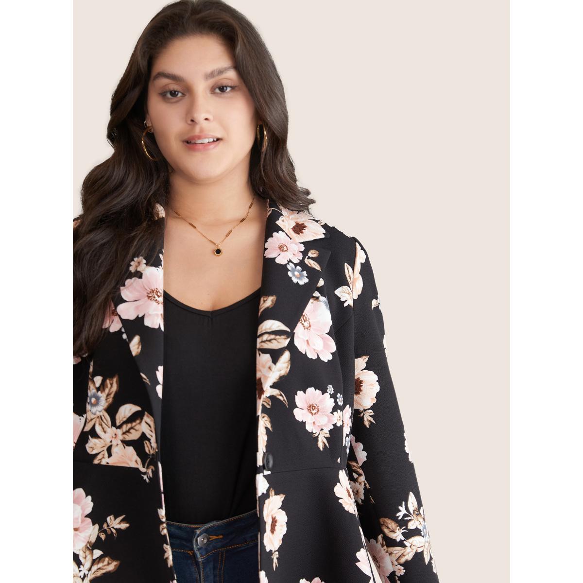 Plus Size Lapel Collar Floral Button Up Blazer BlackFlower Women Dailywear Floral Lined Sleeve Long Sleeve Lapel Collar 14-16/1X Elegant Blazers BloomChic Product Image