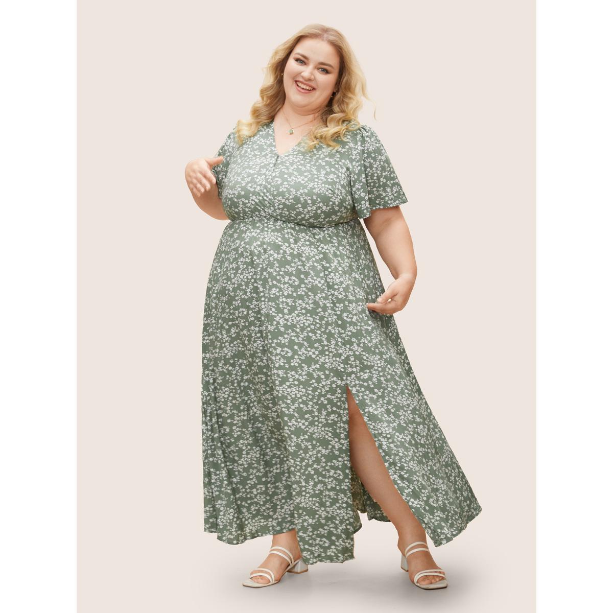 Plus Size Bloom Dress - Flutter Sleeve Ditsy Floral Pocket Split Maxi Dress LightGreen Women Romantic Slit V-neck Half Sleeve Curvy Long Dress BloomChic 10/M Product Image