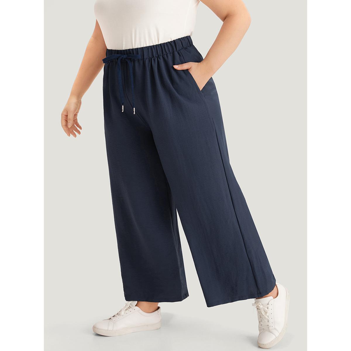 Plus Size Plain Drawstring Elastic Waist Gathered Pants Women Indigo Casual Straight Leg High Rise Dailywear Pants BloomChic 10/M Product Image