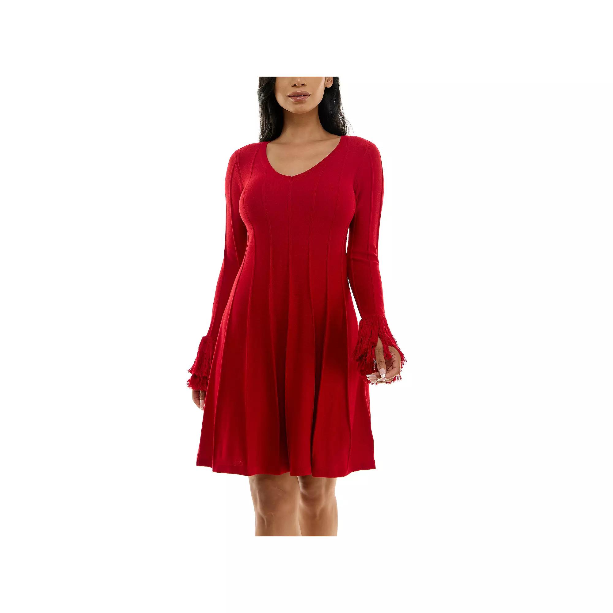 Women's Nina Leonard A-Line Fringe Sweater Dress,  Product Image