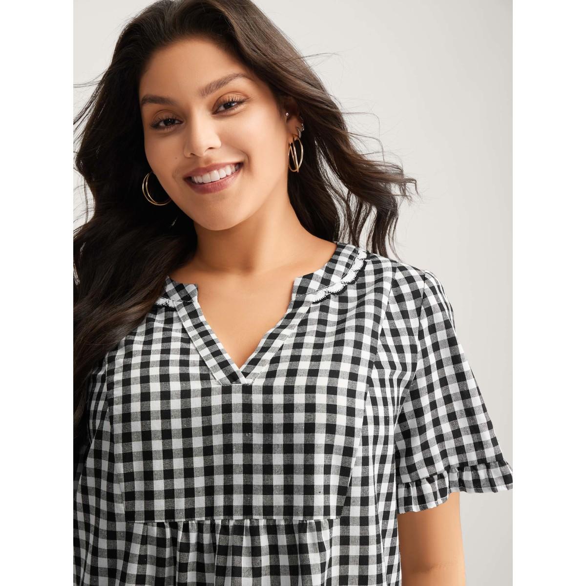 Plus Size Checkered Lace Trim Tiered Midi Dress Black Women Woven ribbon&lace trim Flat collar with V-notch Short sleeve Curvy BloomChic 18-20/2X Product Image