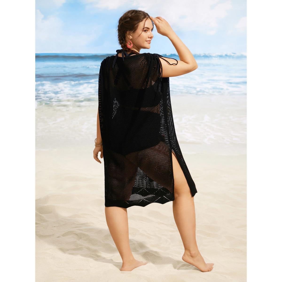 Plus Size Stereo Flower Design Drawstring Swim Cover Up Women's Swimwear Black Beach Loose Crochet Curve Swim Cover Ups BloomChic 26/4X Product Image