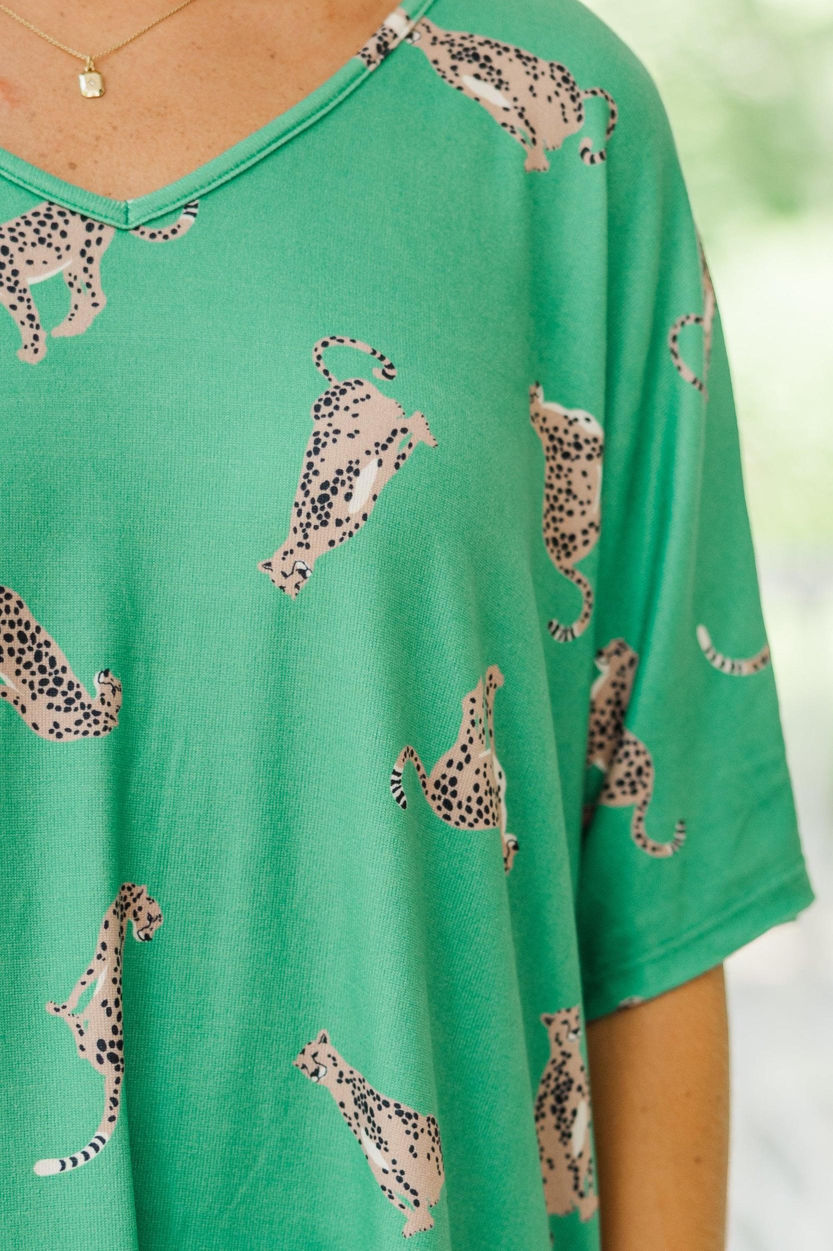 Take The Lead Kelly Green Cheetah Top Female Product Image