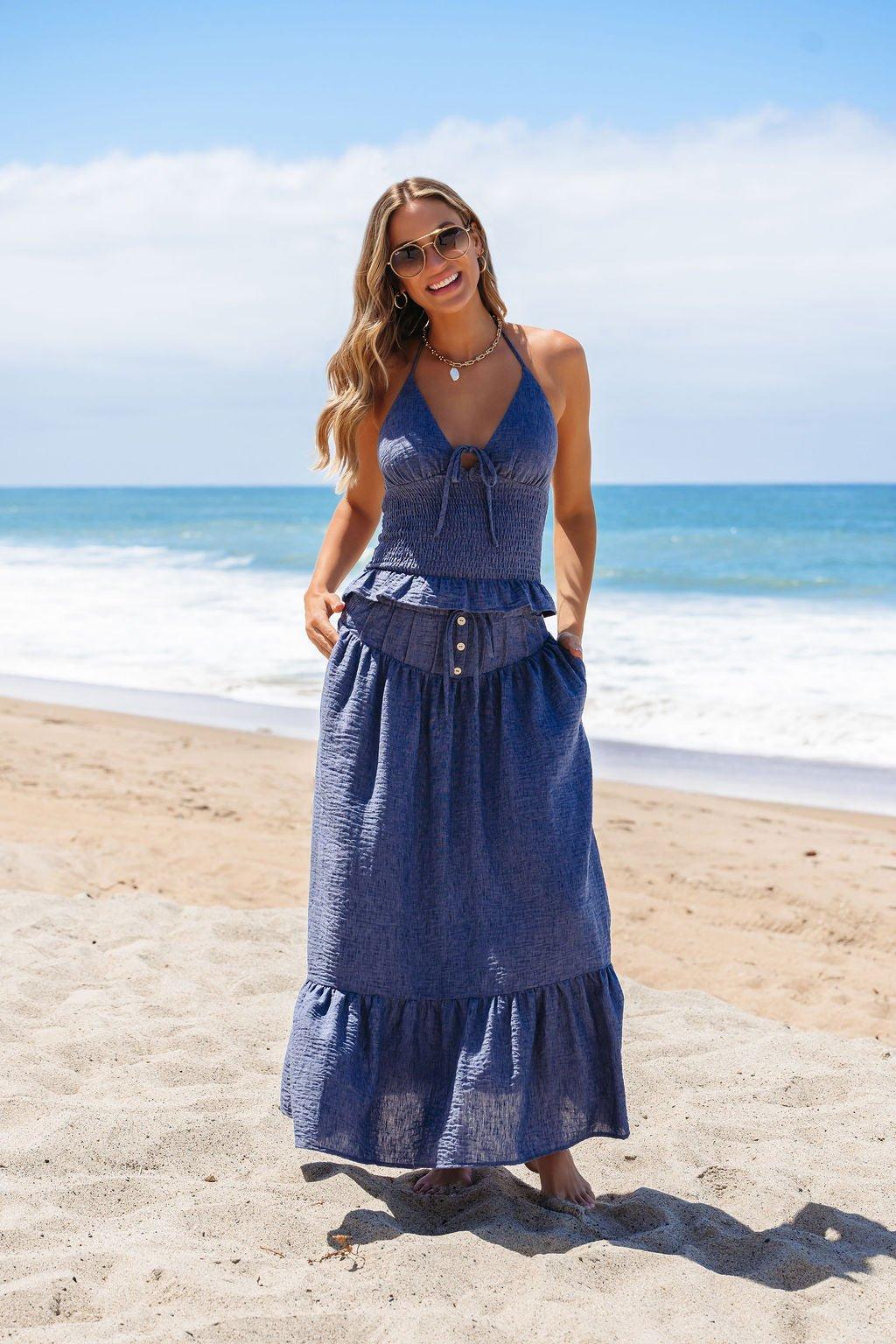 Denim Smocked Ruffle Halter Tank Top - FINAL SALE Product Image