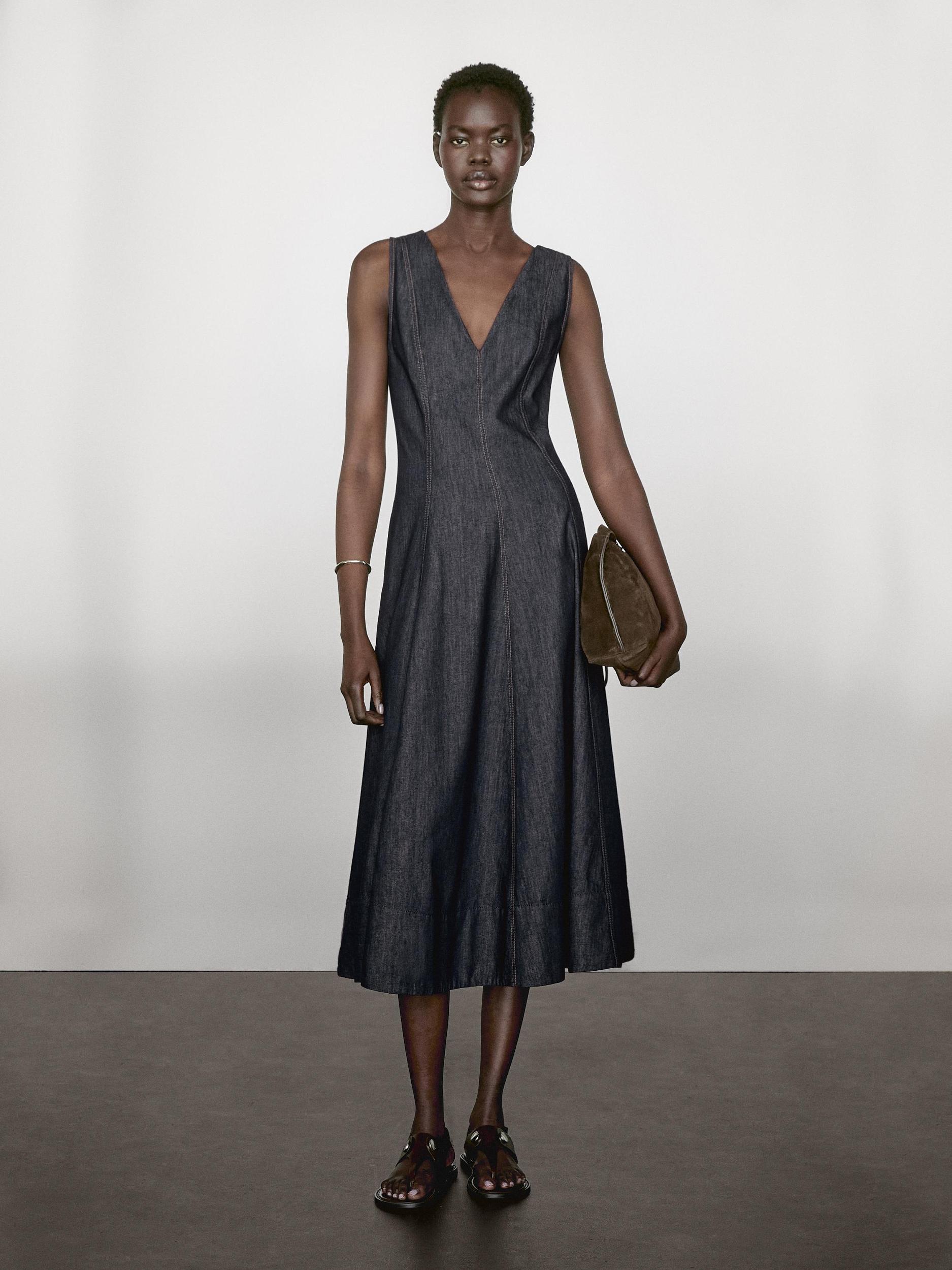 Denim midi dress with seam details Product Image