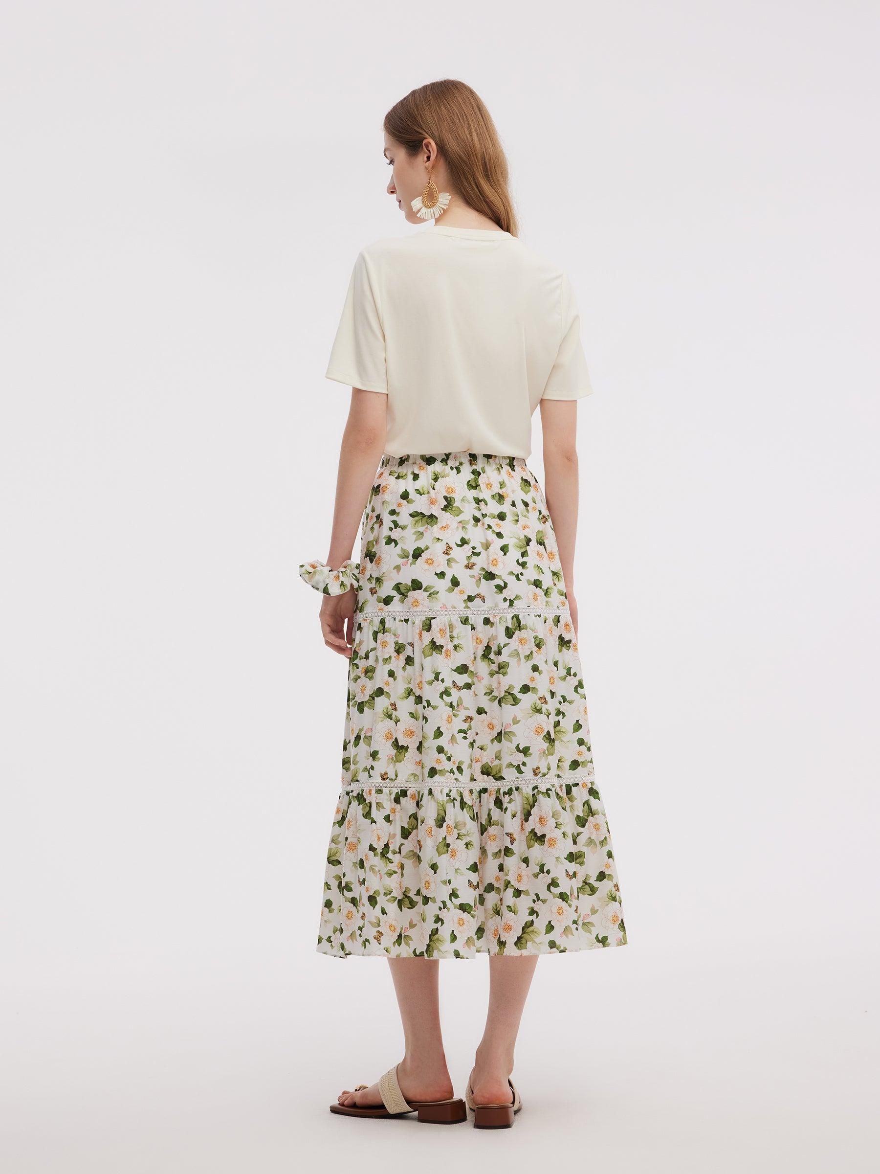 Acetate Blend Floral Print Women Tiered Skirt Product Image
