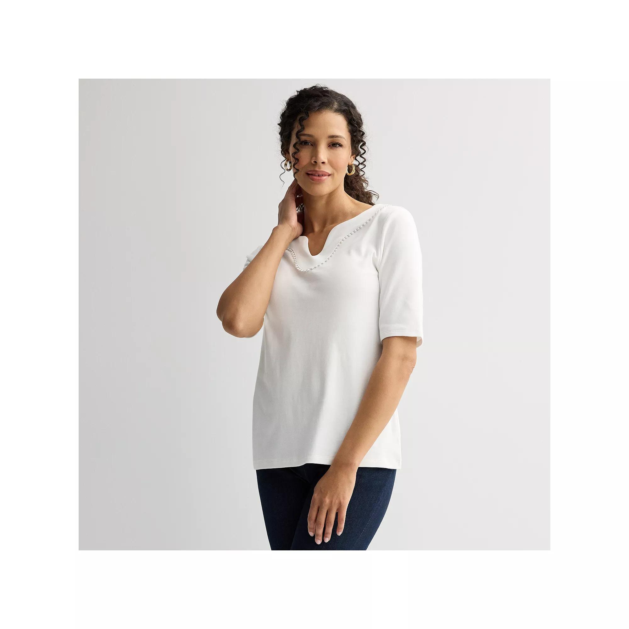 Women's Croft & Barrow® Bobble Trim Splitneck Elbow Sleeve Top, Size: XXL, Bright White Product Image