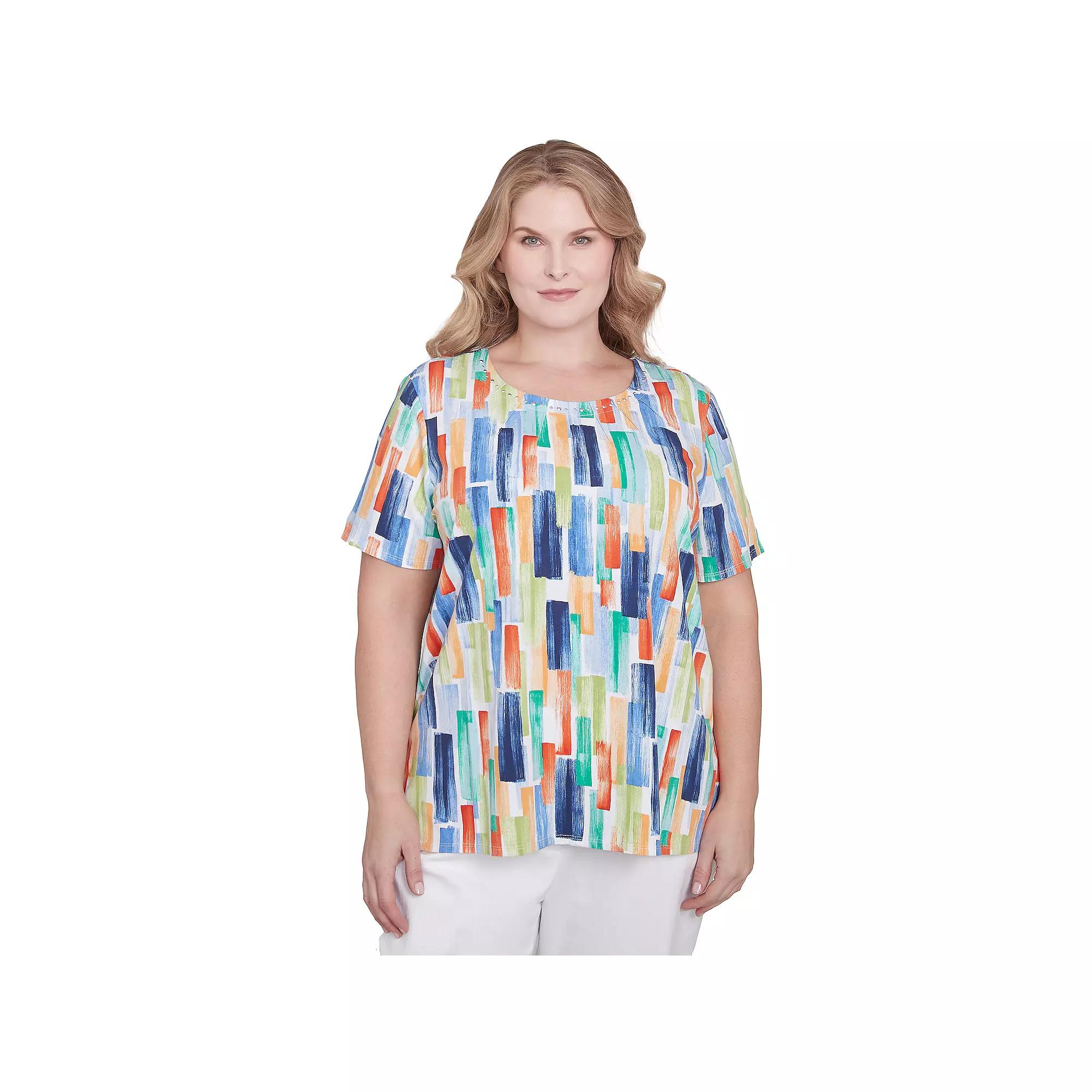 Plus Size Alfred Dunner Stained Glass Pleated Crewneck Top, Women's, Size: 3XL, Blue Team Product Image