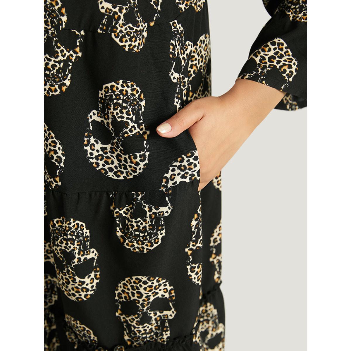 Plus Size Halloween Skull Print Notched Flutter Dress Black Women Office Gathered Notched collar Elbow-length sleeve Curvy Midi Dress BloomChic 14-16/1X Product Image