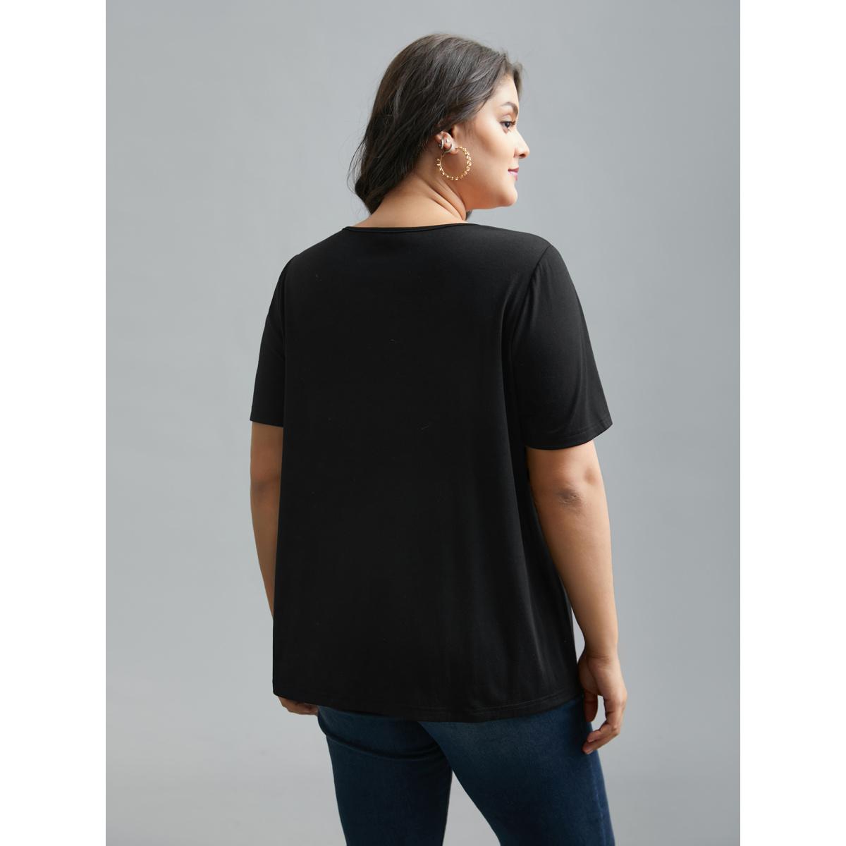 Plus Size V-Neck Rhinestone Stretchy T-Shirt Black Women Elegant Rhinestone detailing V-neck Everyday T-shirts BloomChic 14-16/1X Product Image