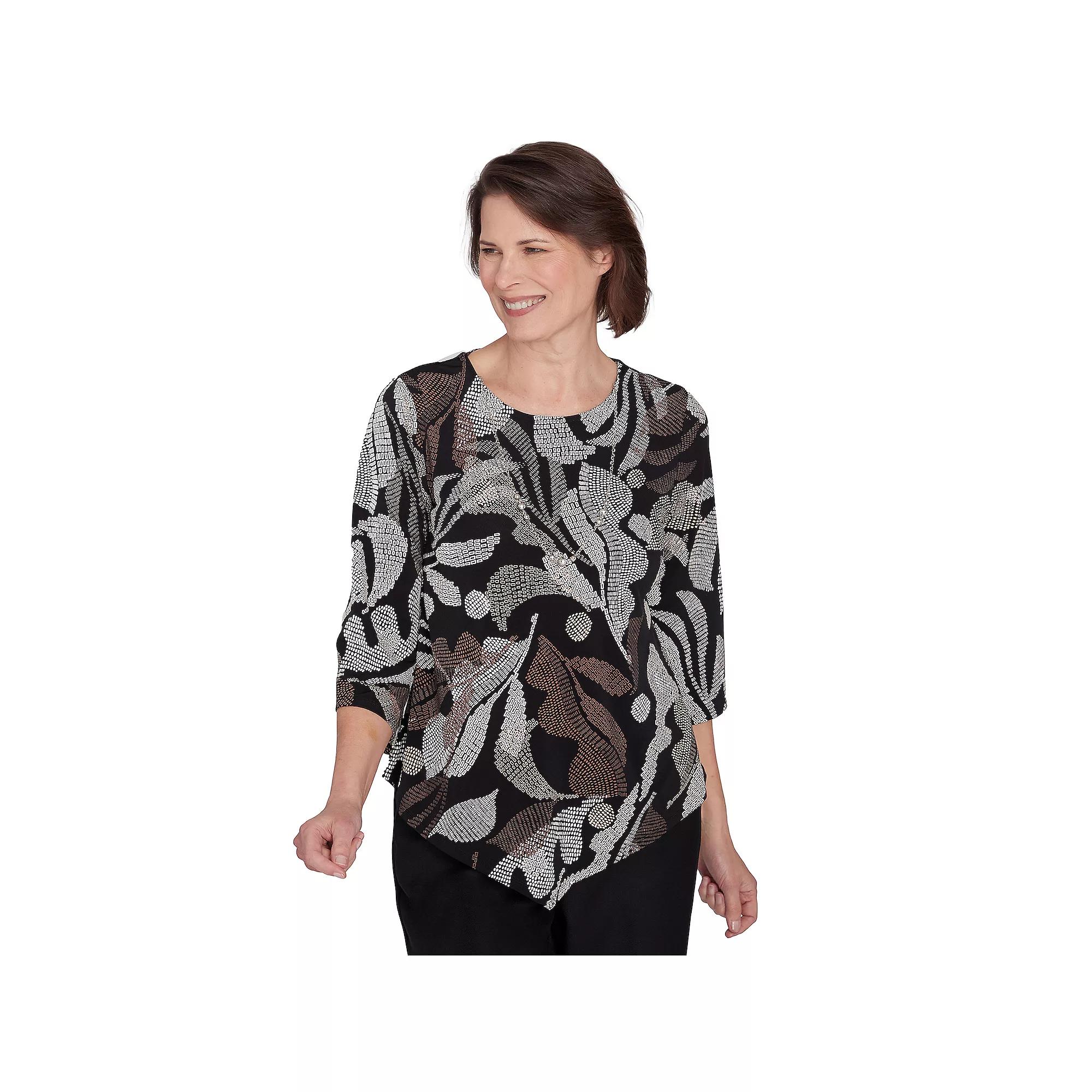Petite Alfred Dunner Textured Leaf Top With Necklace, Women's, Size: Large Petite, Black Product Image
