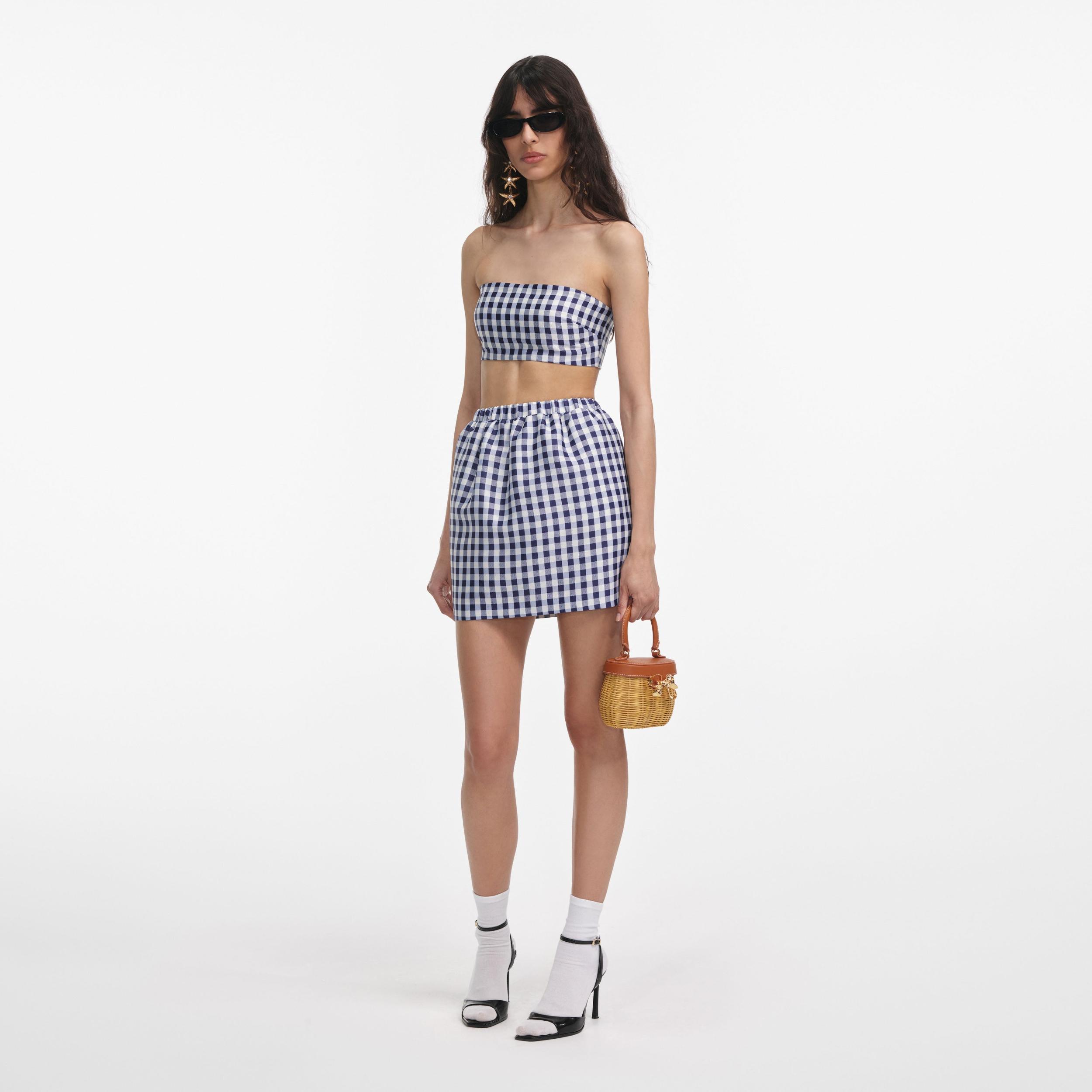 Navy Gingham Taffeta Mini Skirt Product Image