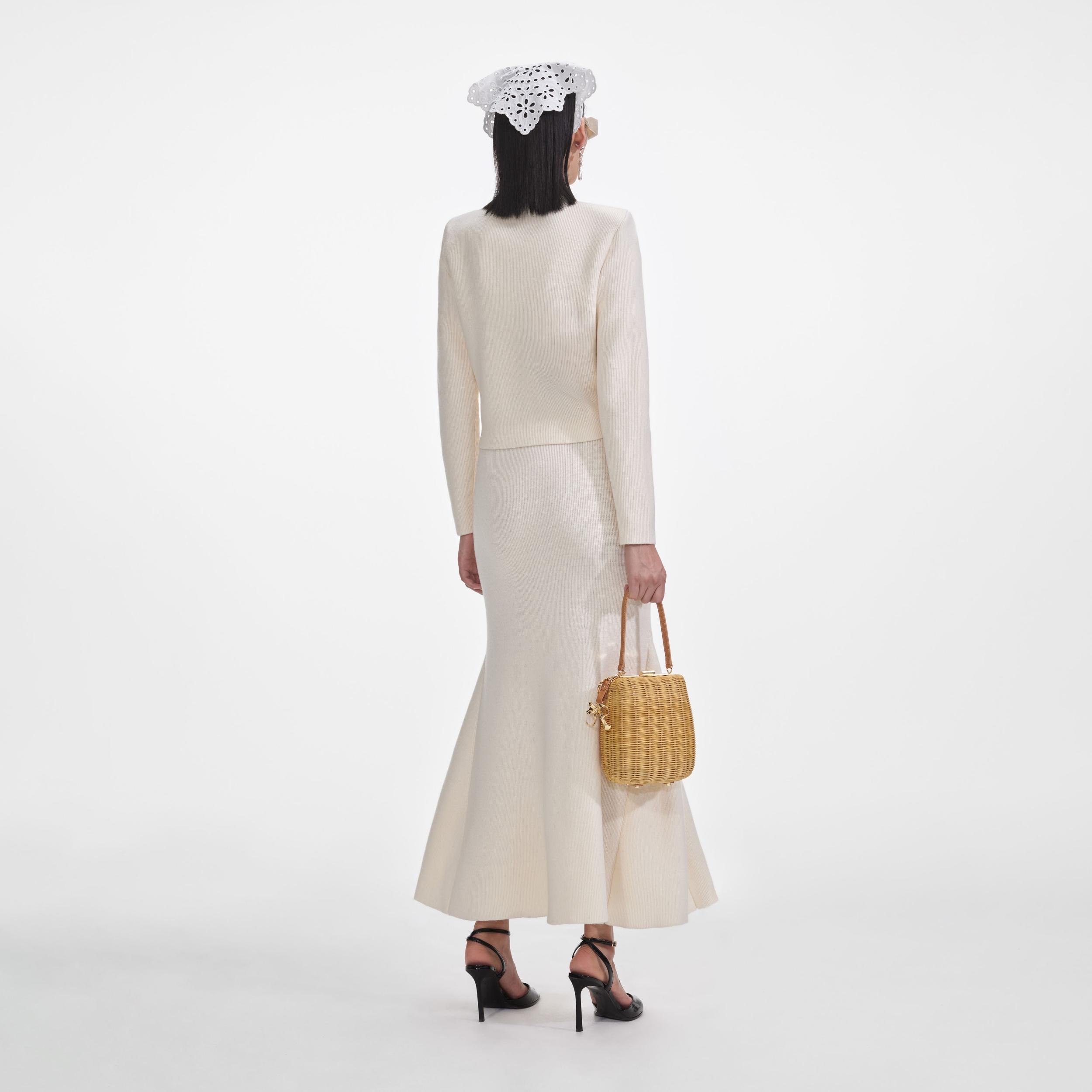 Cream Flared Knit Midi Skirt Product Image