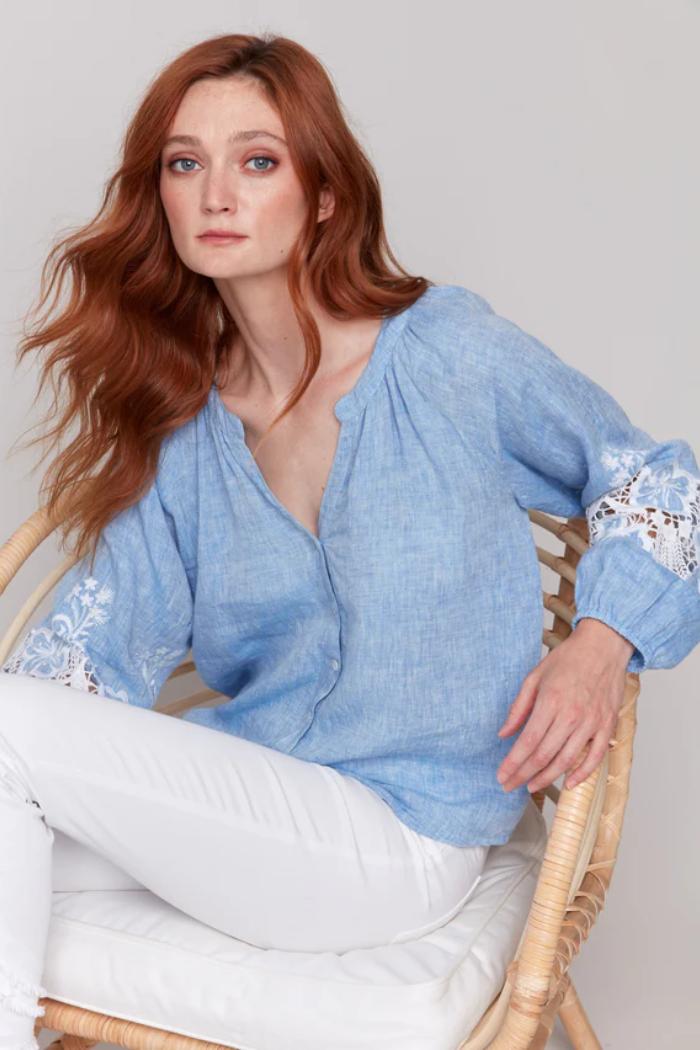Cotton-Linen Button-Front Blouse with Embroidery Product Image